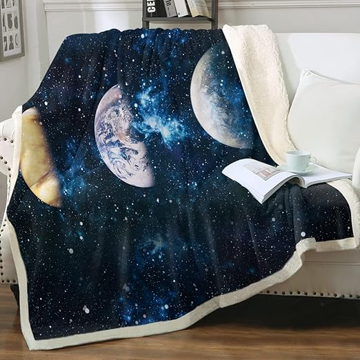 Sleepwish Moon Blanket Throw - Soft Lunar Eclipse Phases Fleece Blanket - Cozy,Warm Comfy,Fluffy - Moon & Stars Navy Blue Sherpa Blanket, Twin (60