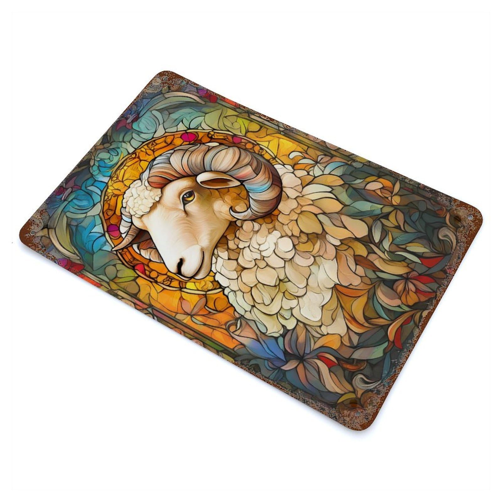 Rustic Tin Plaque with Sheep Art Design 11.8"x7.9", for Cafe, Home Bar And Lounge Decor, Industrial Home Decor