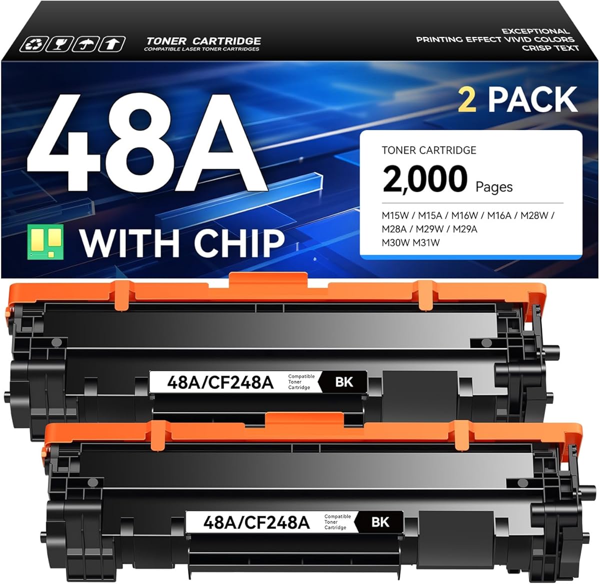 48A Toner Cartridge Black 2-Pack with Chip High Yield Replacement for HP 48A CF248A Compatible with HP LaserJet Pro MFP M28a M28w M29a M29w M15a M15w M16a M16w Printer M28 M29 M15 M16 Series Ink Copy