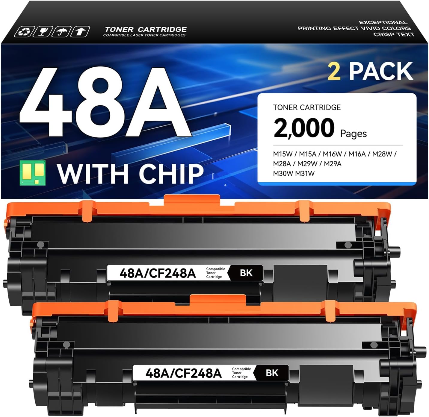 48A Toner Cartridge Black 2-Pack with Chip High Yield Replacement for HP 48A CF248A Compatible with HP LaserJet Pro MFP M28a M28w M29a M29w M15a M15w M16a M16w Printer M28 M29 M15 M16 Series Ink Copy