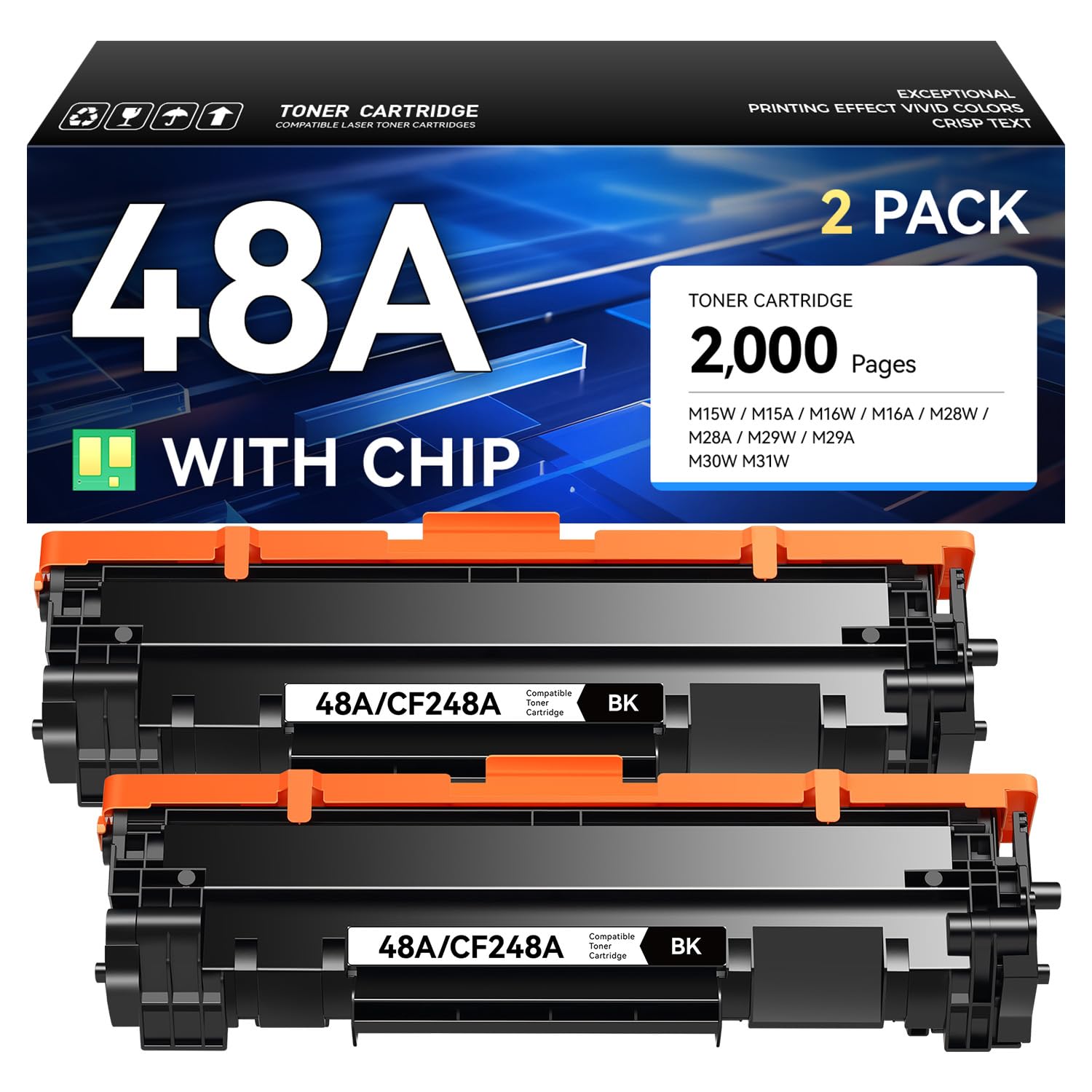 48A Toner Cartridge Black 2-Pack with Chip High Yield Replacement for HP 48A CF248A Compatible with HP Laserjet Pro MFP M28a M28w M29a M29w M15a M15w M16a M16w Printer M28 M29 M15 M16 Series Ink Copy