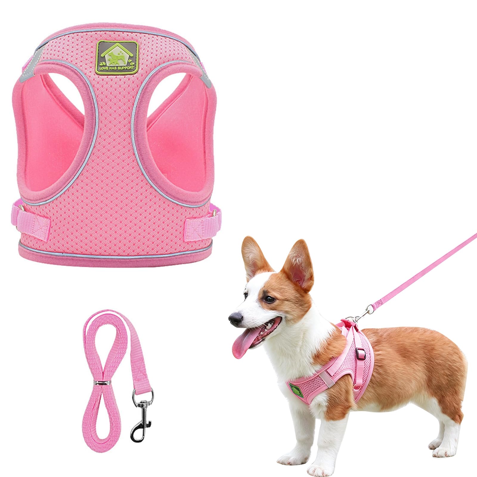 Kemay Soft Mesh Step-in Puppy Harness & Leash Set, Breathable Air Mesh Small Dog Vest, Reflective No Pull Harness for Tiny Dogs, Chihuahua, Dachshund and Cats (Pink)
