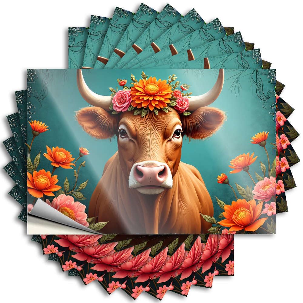 Western Hat Funny Sticker - A Cow Adorned with Flowers Surrounded By Vibrant Blooms. Optical Illusion Durable Sticker Easy Apply for Western Decor(12X18CM)