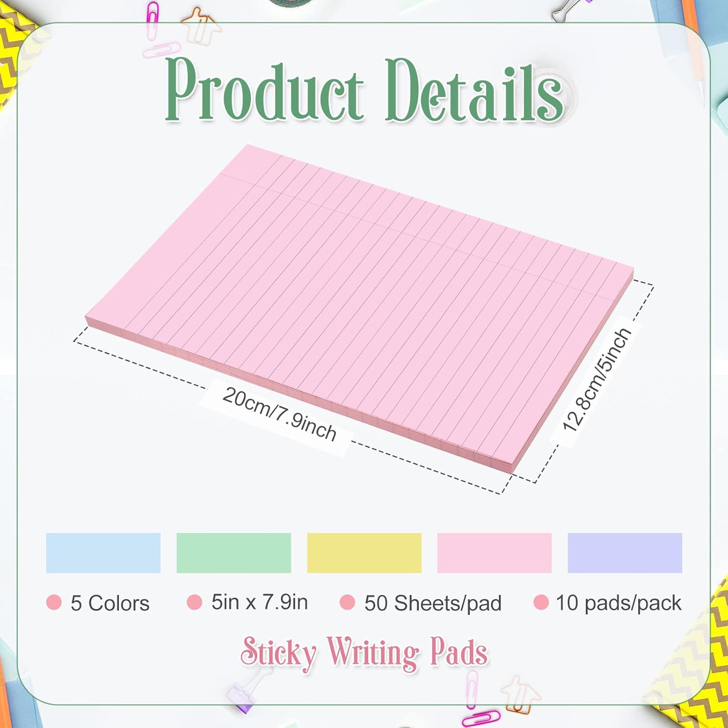 TaoBary 10 Pack Lined Sticky Notepads 5 x 8 Inch Large Note Pads 500 Sheet Colorful Self Stick Ruled Note Pads for Office Home Supplies, 5 Colors(Pastel Color)