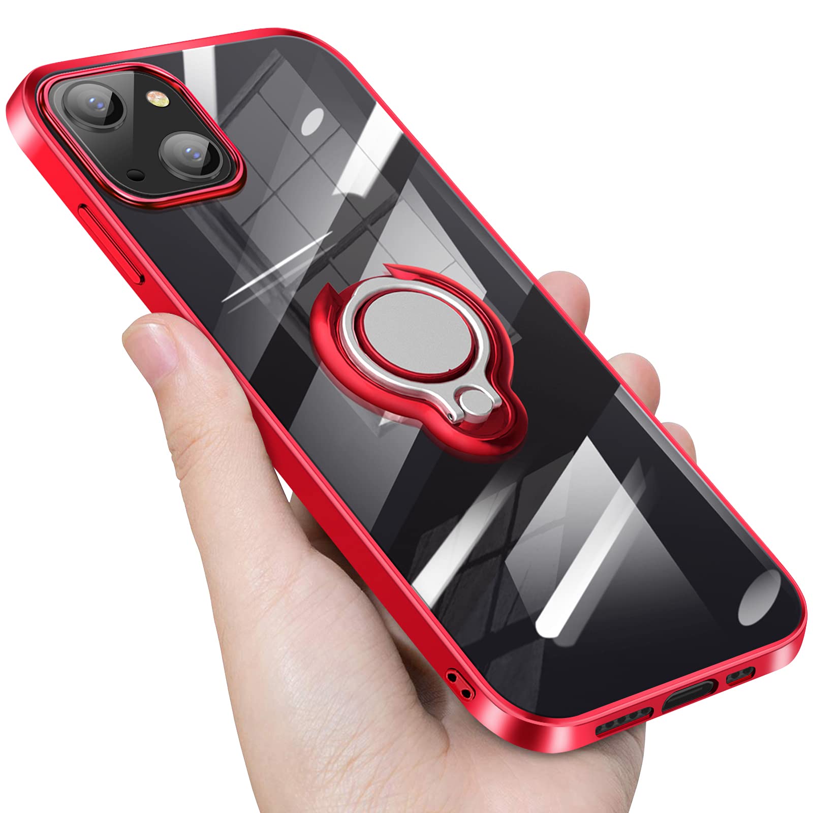 GuubolyCrystal Clear Compatible for iPhone 13 Mini Case 5.4 inch with Ring Holder Kickstand Soft Silicone Drop Protection Shockproof TPU Cover Protective Phone Case Slim Thin, Red