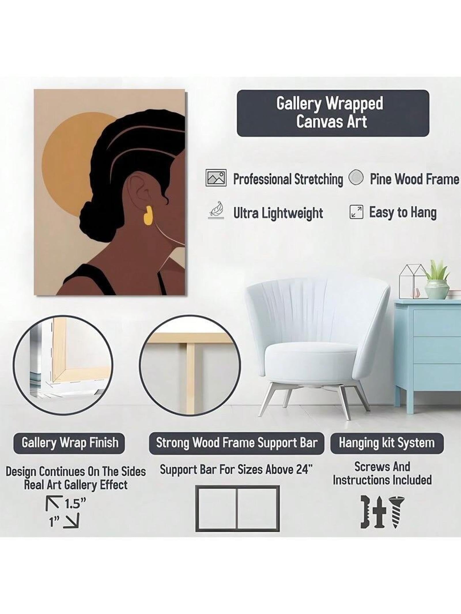 XBTYKPB Cara de niña, arte de trenzas de niña, lienzo grande con temática negra, pintura mural, pósteres contemporáneos para cafetería, bar, decoración de pared, 80 x 120 cm con marco