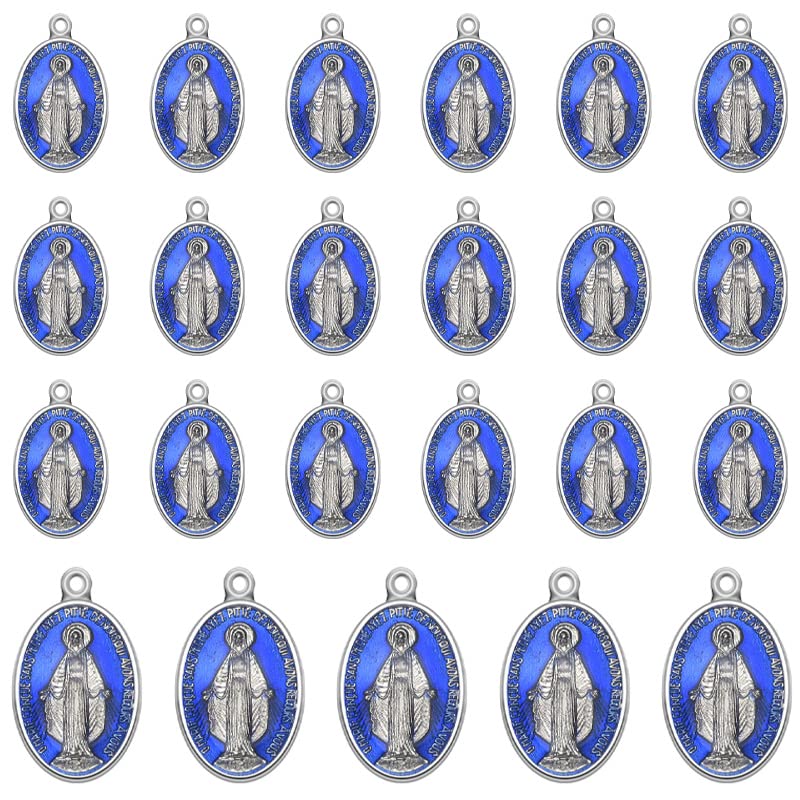 YionZian25Pcs Oval Blue Enamel Catholic Virgin Mary Medal Our Lady Of Guadalupe Miraculous Medal Religious Wear Charms Pendants For Jewelry Making DIY Necklace Bracelet Keychain Earring Craft Supplies