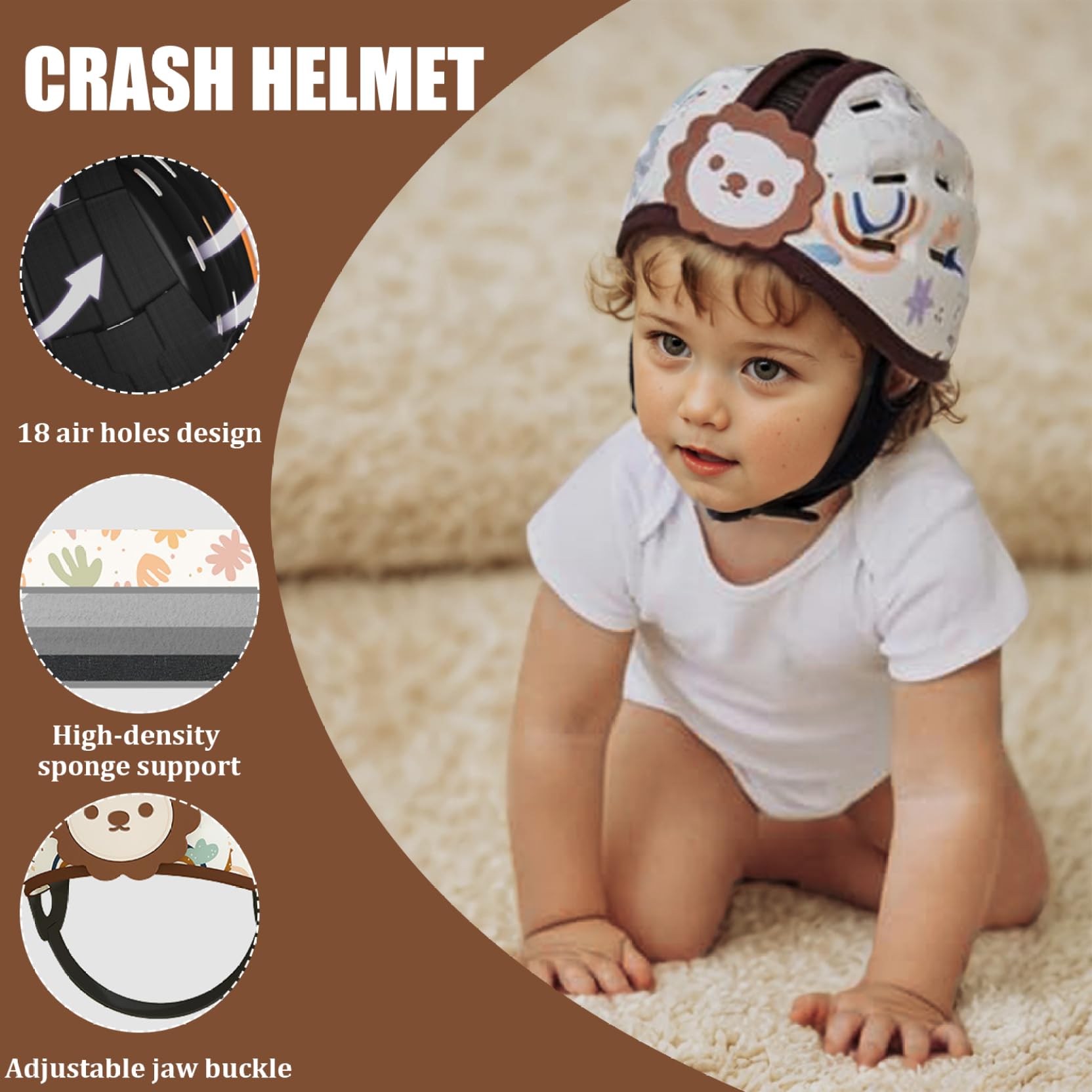 Casco de bebé para gatear Sin golpes Protector de cabeza de bebé ligero para caminar Casco de seguridad con cojín suave, transpirable y ajustable para niños pequeños de 6 a 24 meses.