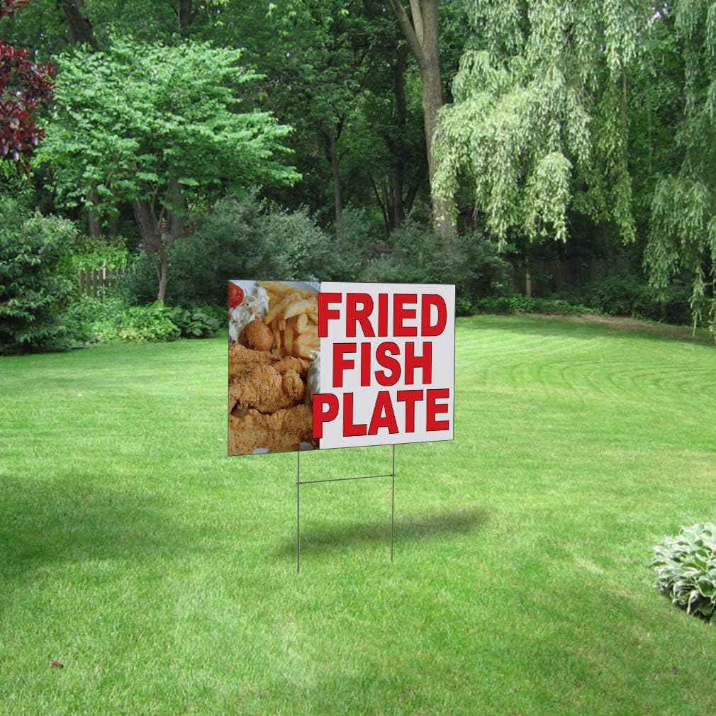 Weatherproof Yard Sign Fried Fish Plate Red Food Bar Restaurant Truck Lawn Garden Seafood Market Monger 24x18 Inches 2 Sides Print
