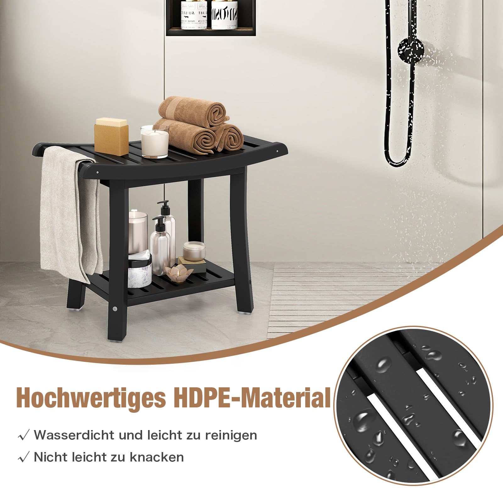COSTWAY Duschbank Bad, Sitzbank mit Ablage, Badhocker 170 kg belastbar, Badezimmerbank Duschstuhl, Duschhocker für Erwachsene, Senioren, 60,5 x 34 x 48 cm (Schwarz)