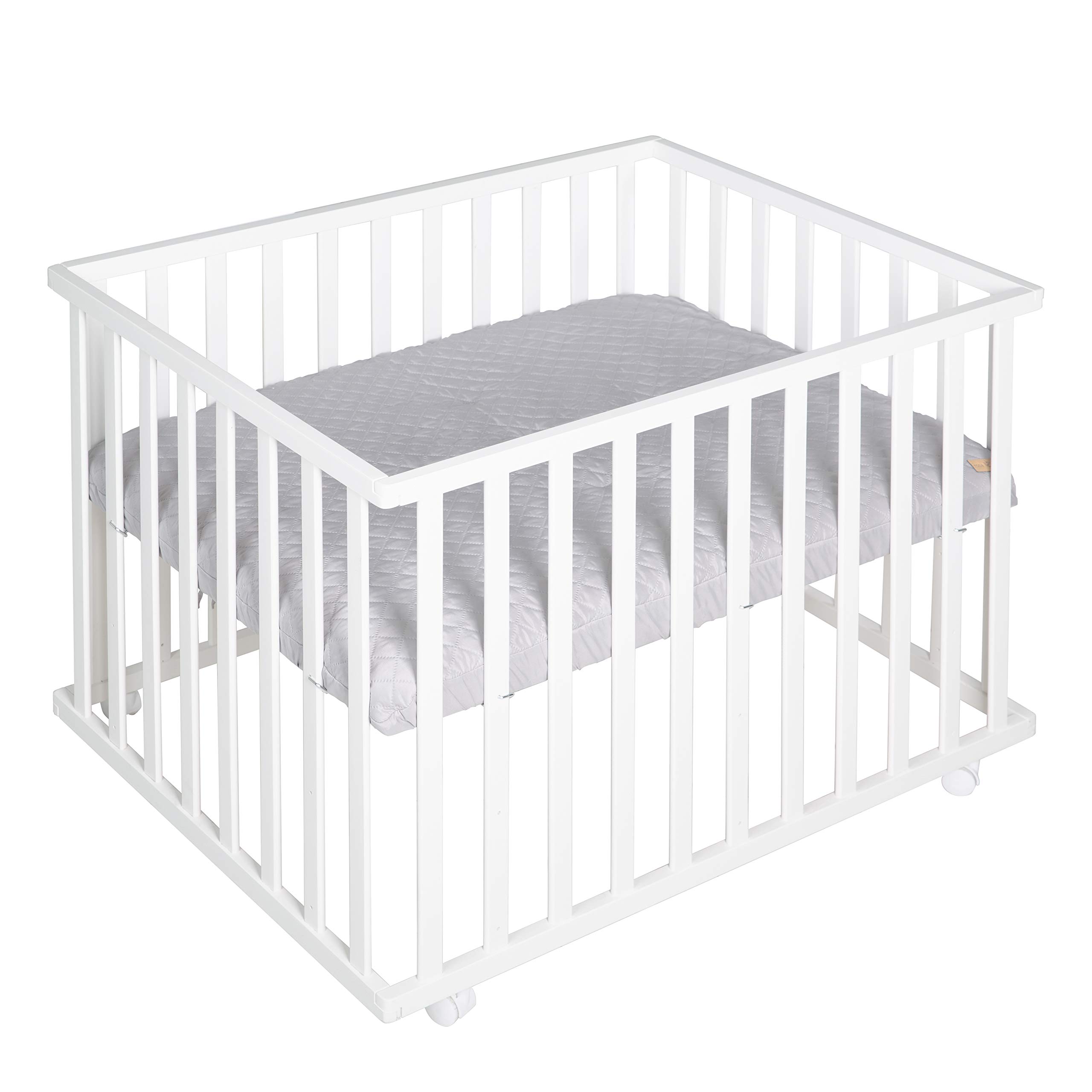 roba Parc Bébé en Bois 75 x 100 cm + Tapis de Parc roba Style Gris - Base Ajustable en Hauteur sur 3 Niveaux - Roulettes avec Freins - Laqué Blanc