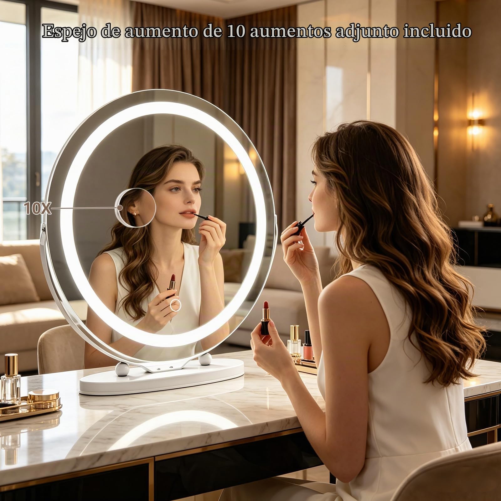 Hollywood Espejo de tocador con Luces,48 cm, Redondo,3 Modos de iluminación, Aumento de 10x, Control táctil,luz Regulable, rotación de 360°,para Dormitorio y vestidor,Blanco