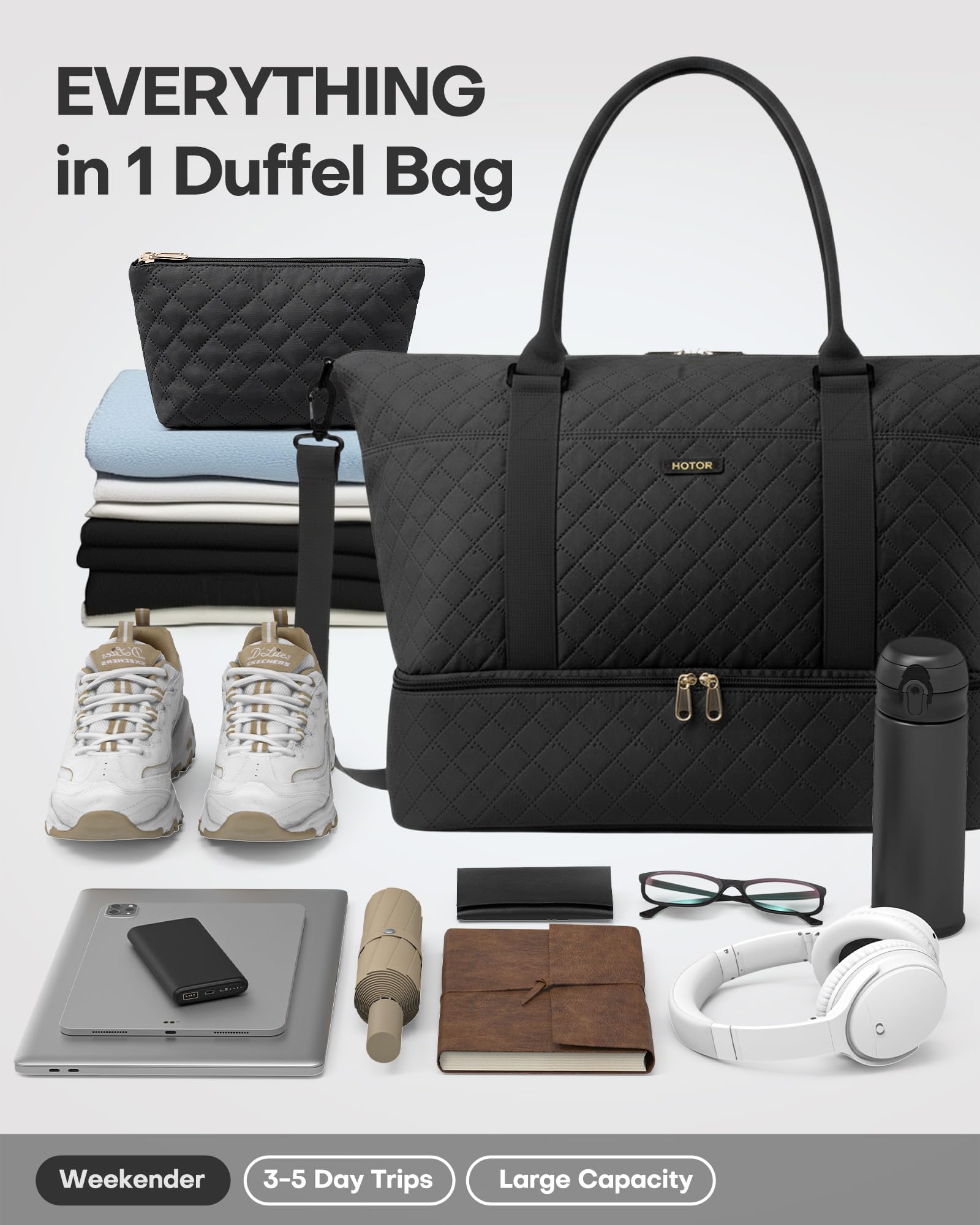 HOTOR Travel Duffel Bag - Weekender Bags for Women, Carry On Overnight Bag with Shoe Compartment, with Toiletry Bag for Travel Essentials and Travel Accessories, Black, 13.4"×17.3"×7.9"