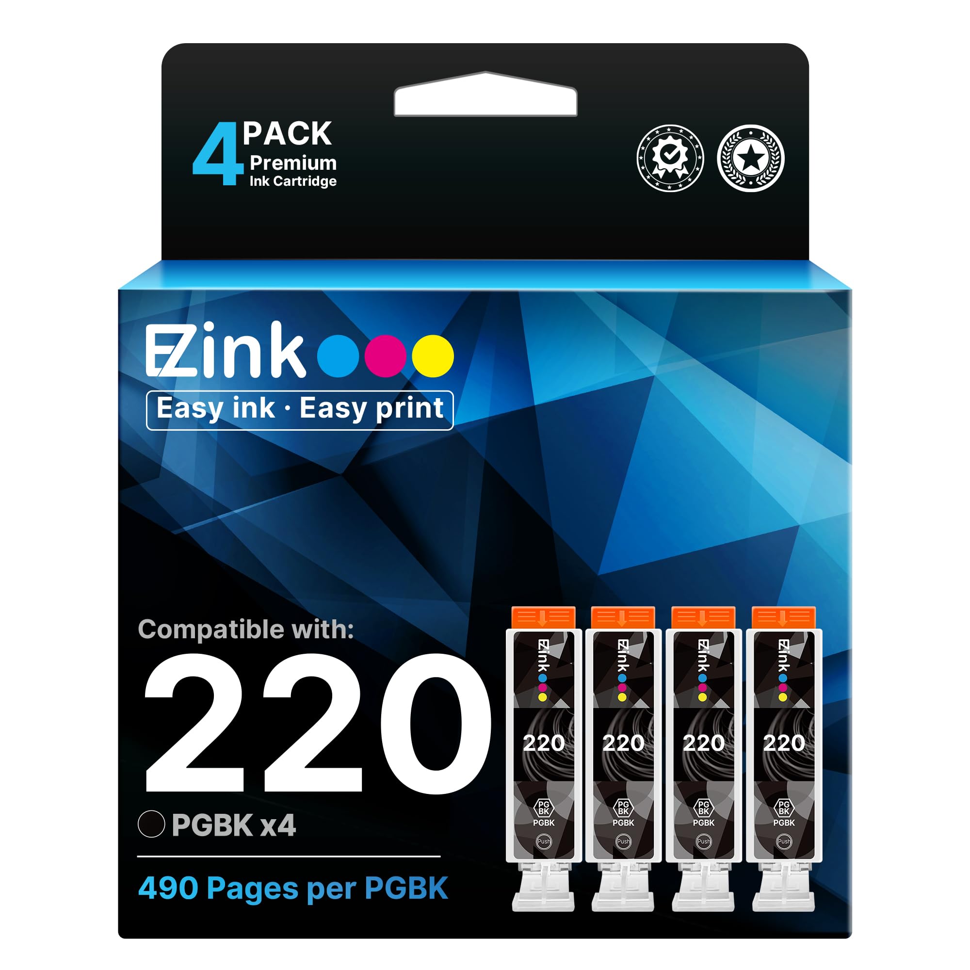E-Z Ink Compatible Ink Cartridge Replacement for Canon PGI-220 PGI220 to use with MX860 MX870 MP560 MP620 MP640 MP980 MP990 IP3600 IP4600 iP4700 Printer (Large Black, 4 Pack)