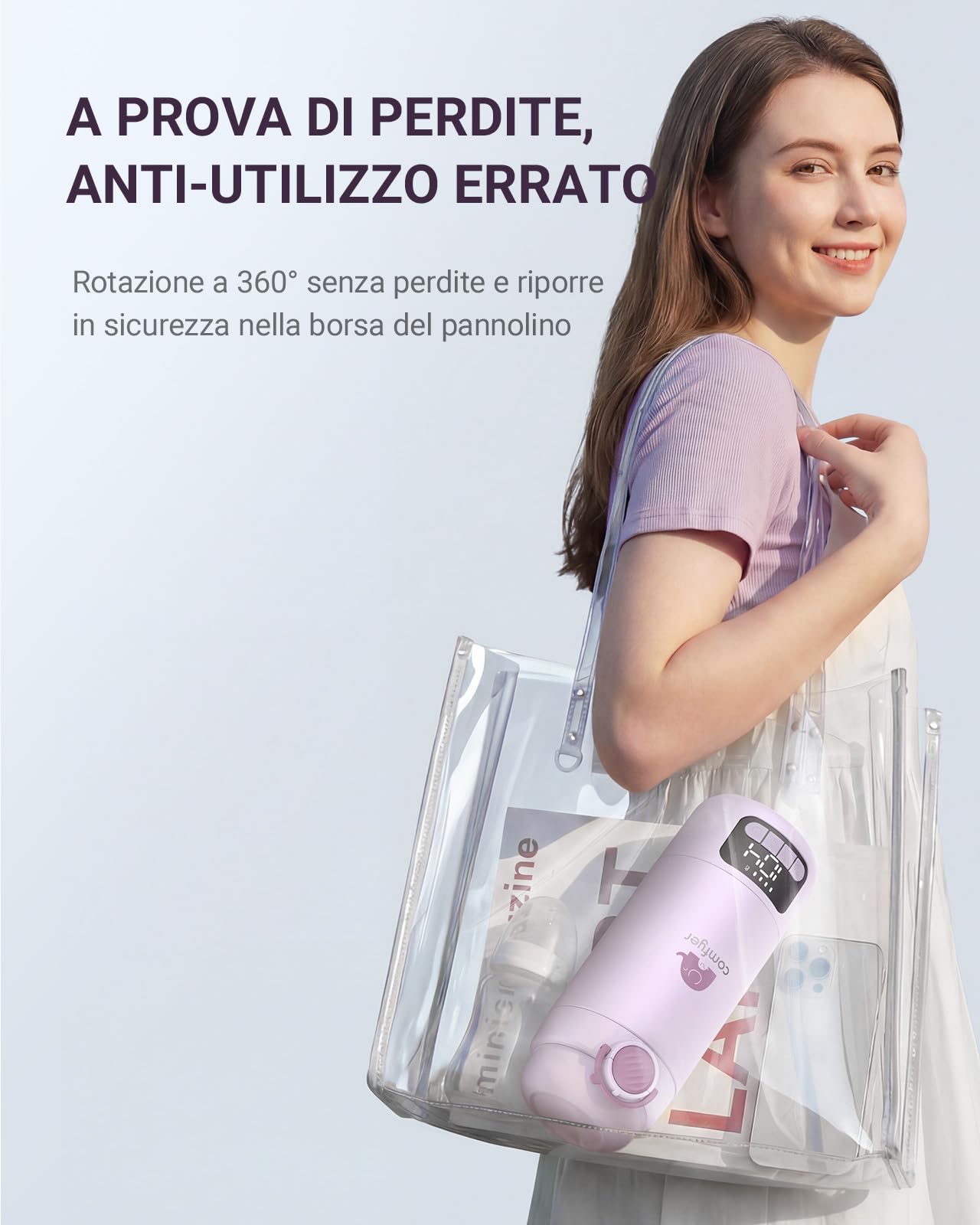 Comfyer BW02 Scaldabiberon Portatile con Batteria 16000mAh e Sterilizzatore Integrato – Riscaldamento Rapido per Latte Materno e Acqua, 2 Modalità, Biberon Warmer per Viaggio e Casa, 500ml