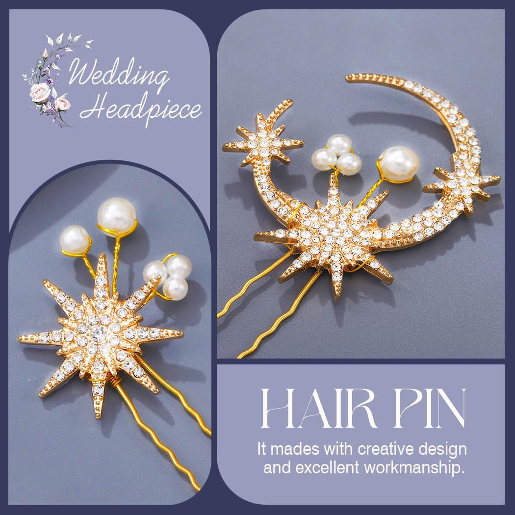 Gold Moon & Star Layered Hair Accessories Hair Brooch Pin Gold Moon and Star Hair Pins, Art Deco Crystal Bridal Hair  main image 2