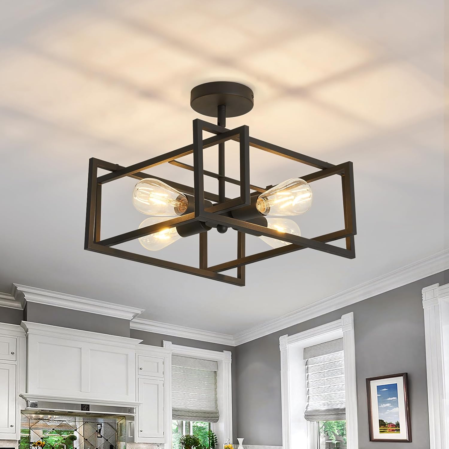SZXYKEJI 1-Light Close to Ceiling Light Modern Black Flush Mount Ceiling Light Fixture 18.89 Inch E26 Base Chandelier Lighting for Farmhouse Kitchen Island Dining Room Bedroom Foyer Entry.