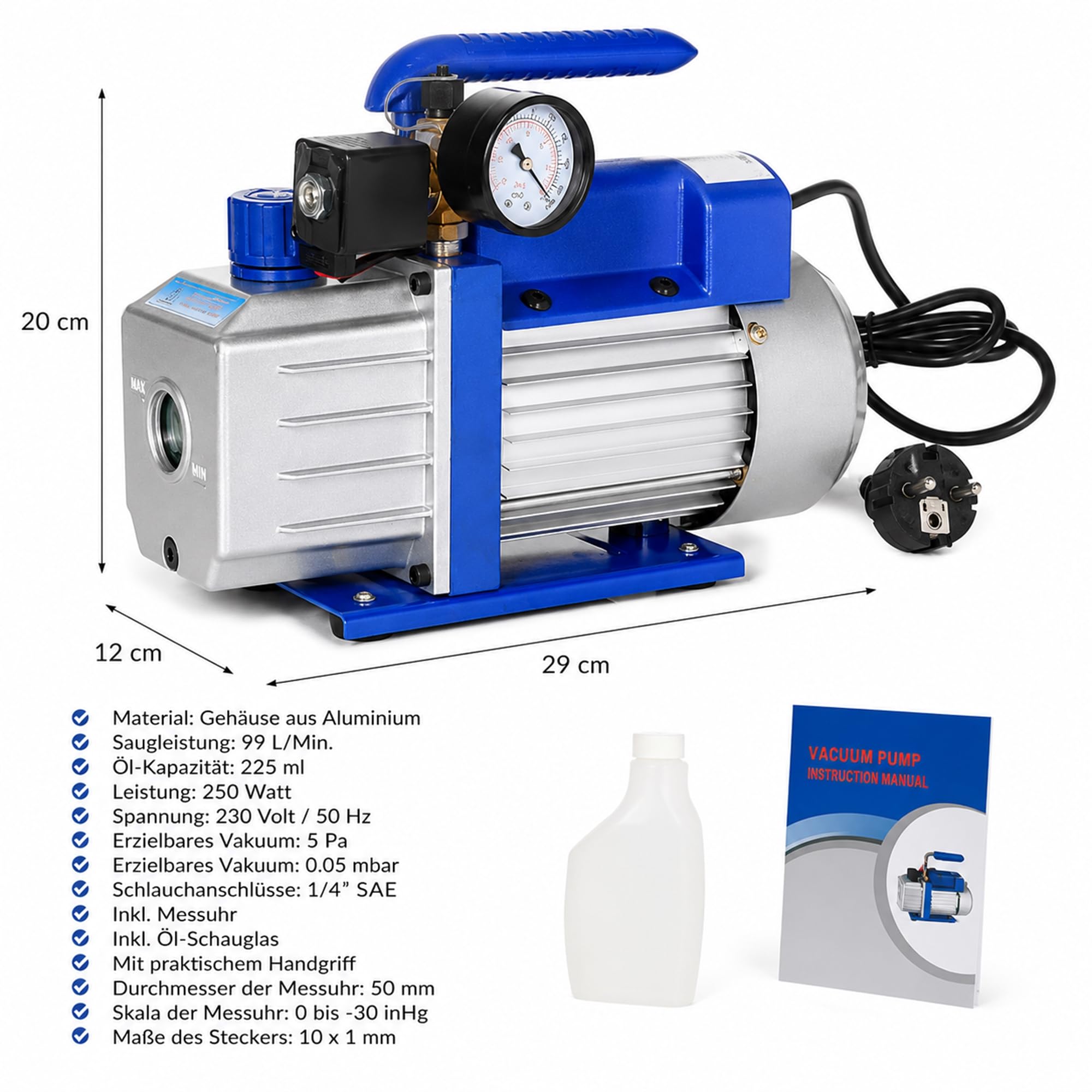Mucola Vakuumpumpe 99 L/Min 250 Watt Aluminium 230V – Unterdruckpumpe mit Schauglas, Vakuum bis 5 Pa, Schlauchanschlüsse 1/4" und 3/8" SAE | für Klimaanlagen, Kältetechnik und Wärmepumpen Service