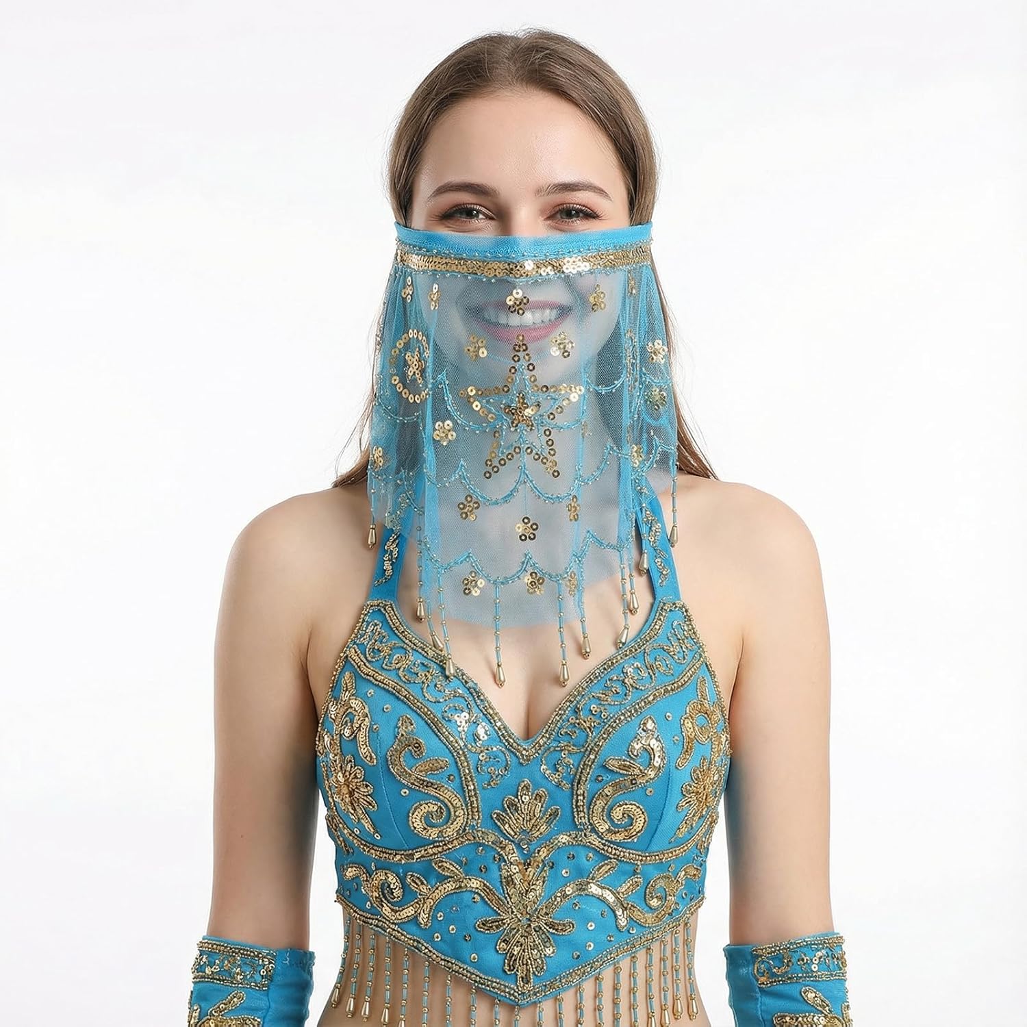 Women's Belly Dance Face Veil,Belly Dance Tribal Face Veil with Sequins for Halloween Costume Accessory, Party - Image 9