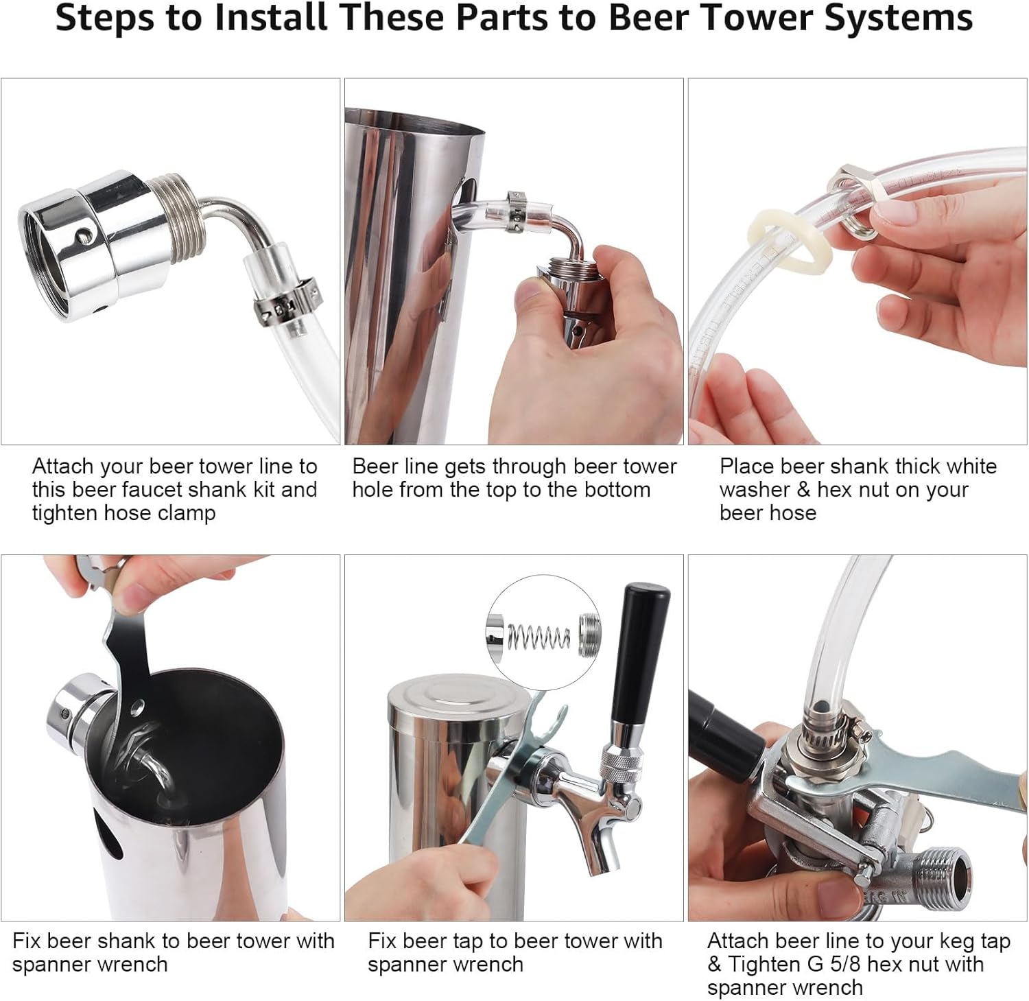 MRbrew Beer Line Shank Faucet Kit, Stainless Core Self-Closing Beer Tap with 3/16'' liquid hose & 1/4" Barb, Kegerator Tower Replacement Set for Draft Beer Dispenser - Include Tap Wrench & Hose Clamps