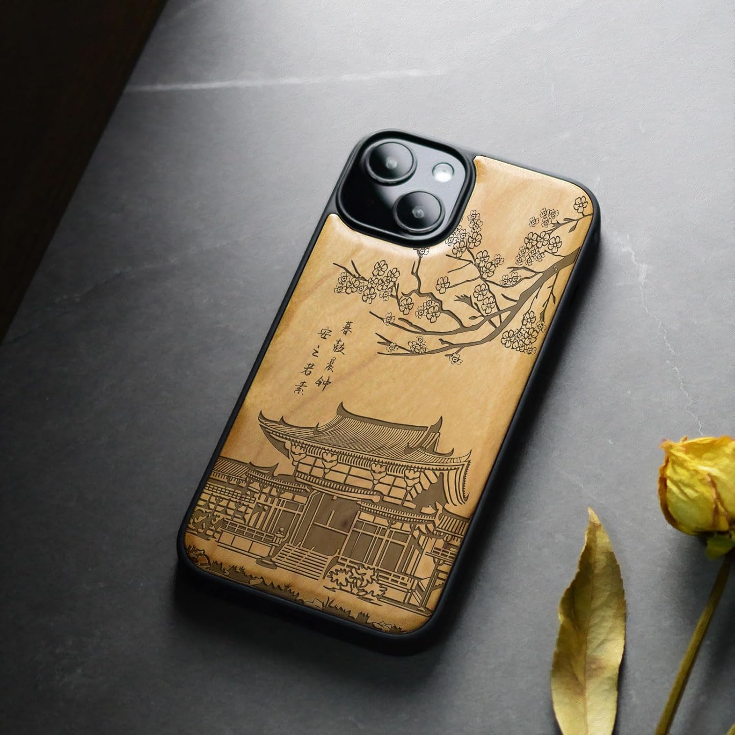Carveit Magnetic Wooden Case for iPhone 15 Case, Compatible with MagSafe Wireless Chargers, Black Soft TPU Shockproof Cover & Wood Artisan Engraved (Traditional Temple) - Cherry