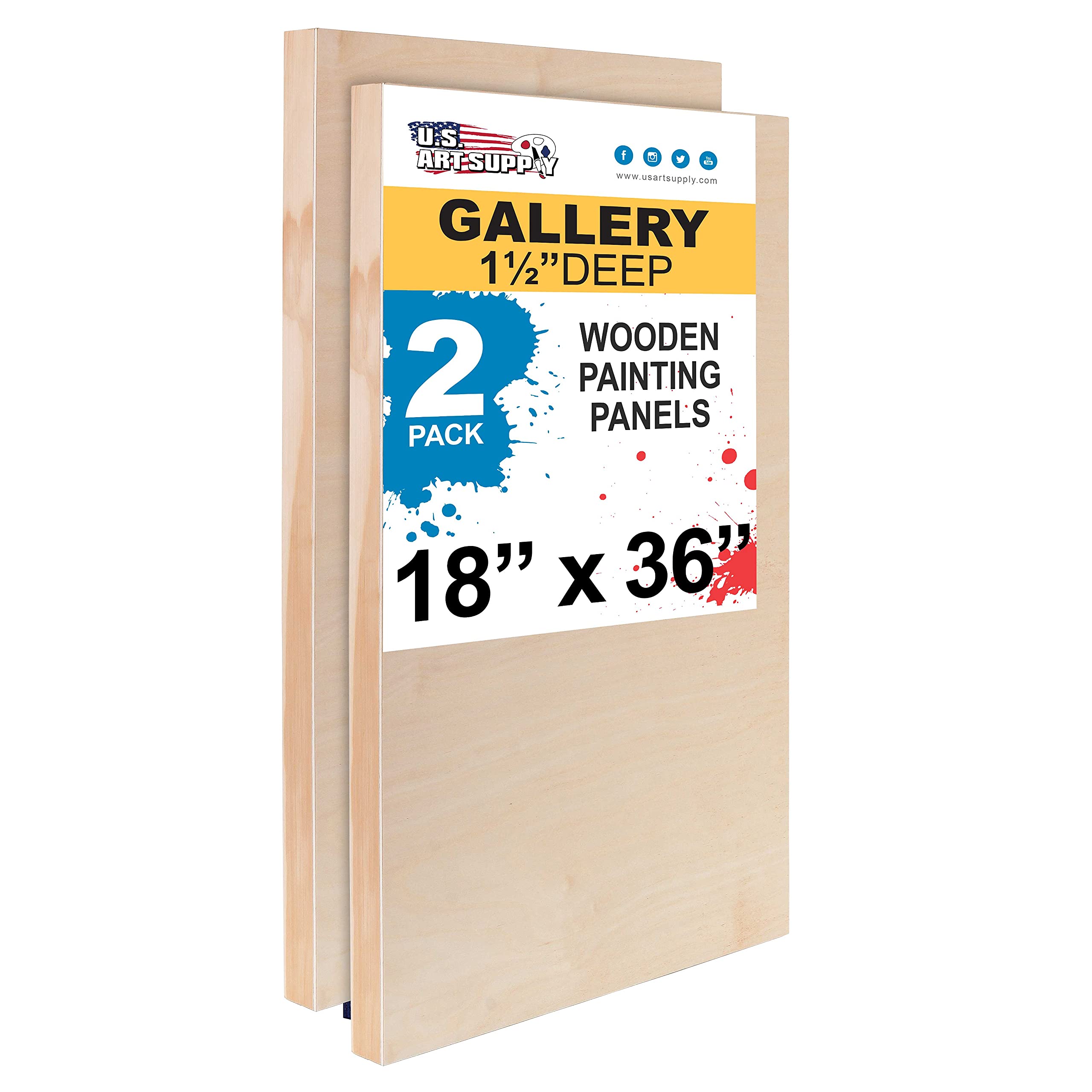 Paneles de madera de abedul sin terminar para pintar de U S Art Supply, paquete de 2, 18 x 36 pulgadas, lienzo de madera de abedul para galería, 1 1/2 pulgadas de profundidad, técnica mixta, artesanía, acrílico, óleo, encáustico, pintura vertida