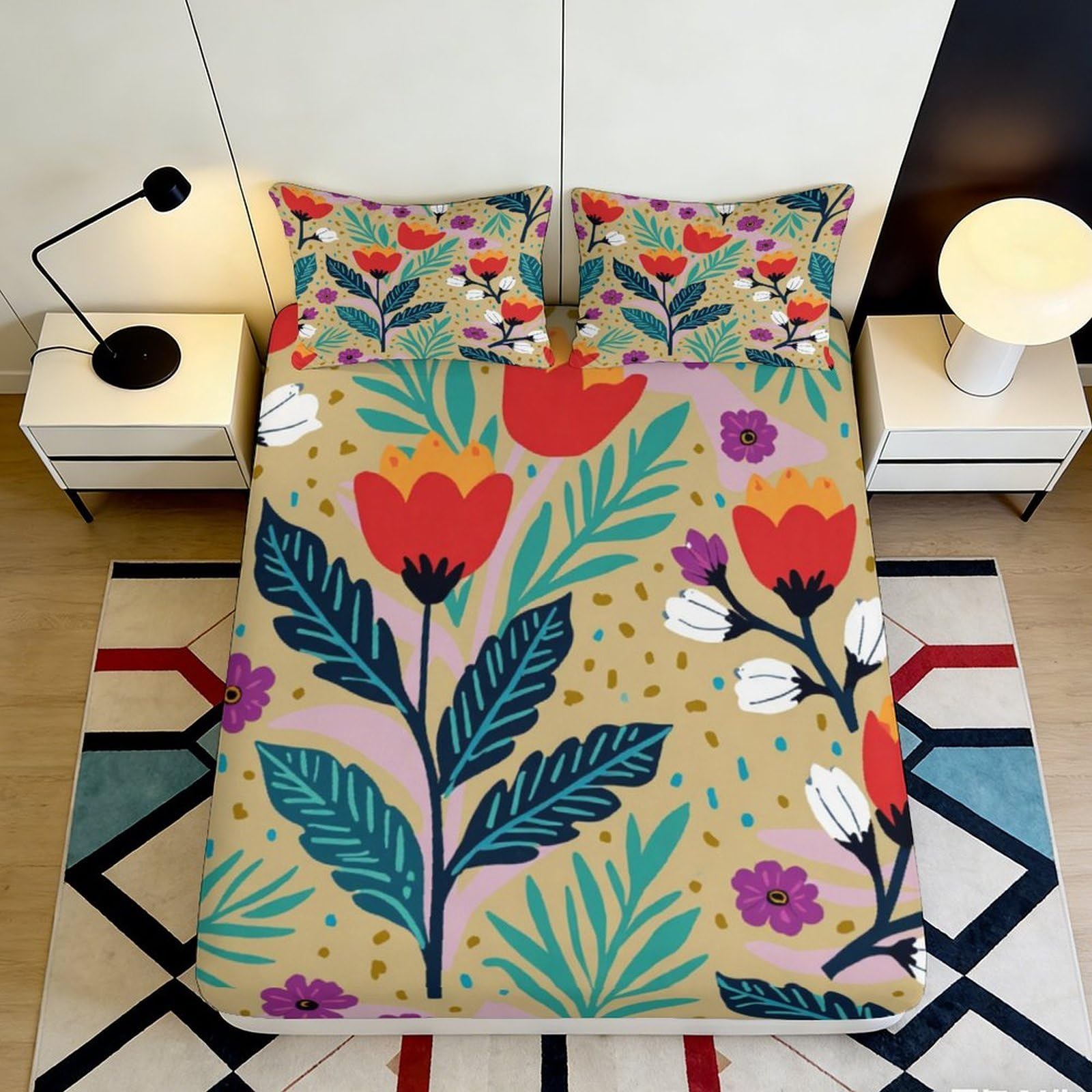 3D Printed Boho Floral Fitted Sheet Microfiber Vibrant Botanical Bed Cover for Bedroom Decor Dustproof Washable 90x200x25cm