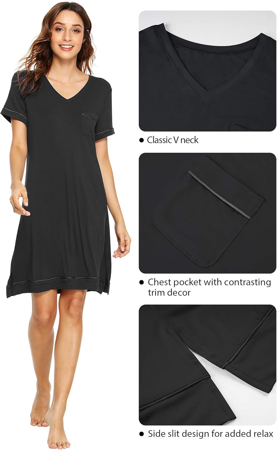 WiWi Viscose from Bamboo Nightgowns for Women Short Sleeve Sleep Shirt V Neck Nightgown Plus Size Sleepwear S-4X, - Image 4