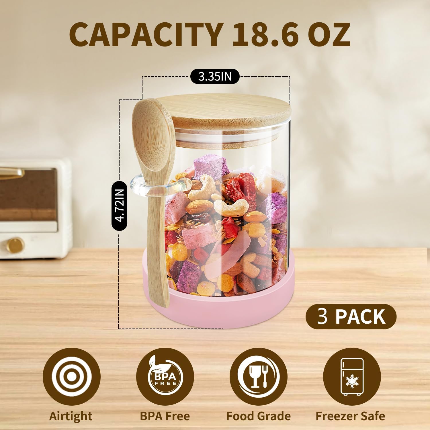 Glass Jars with Bamboo Lids and Spoons, 18.26 oz Borosilicate Glass Jars Containers, Airtight Clear Food Storage Canister for Cookie, Candy, Coffee Bean, Sugar, Matcha Tea, Spices, Dry Goods (3 Pack)