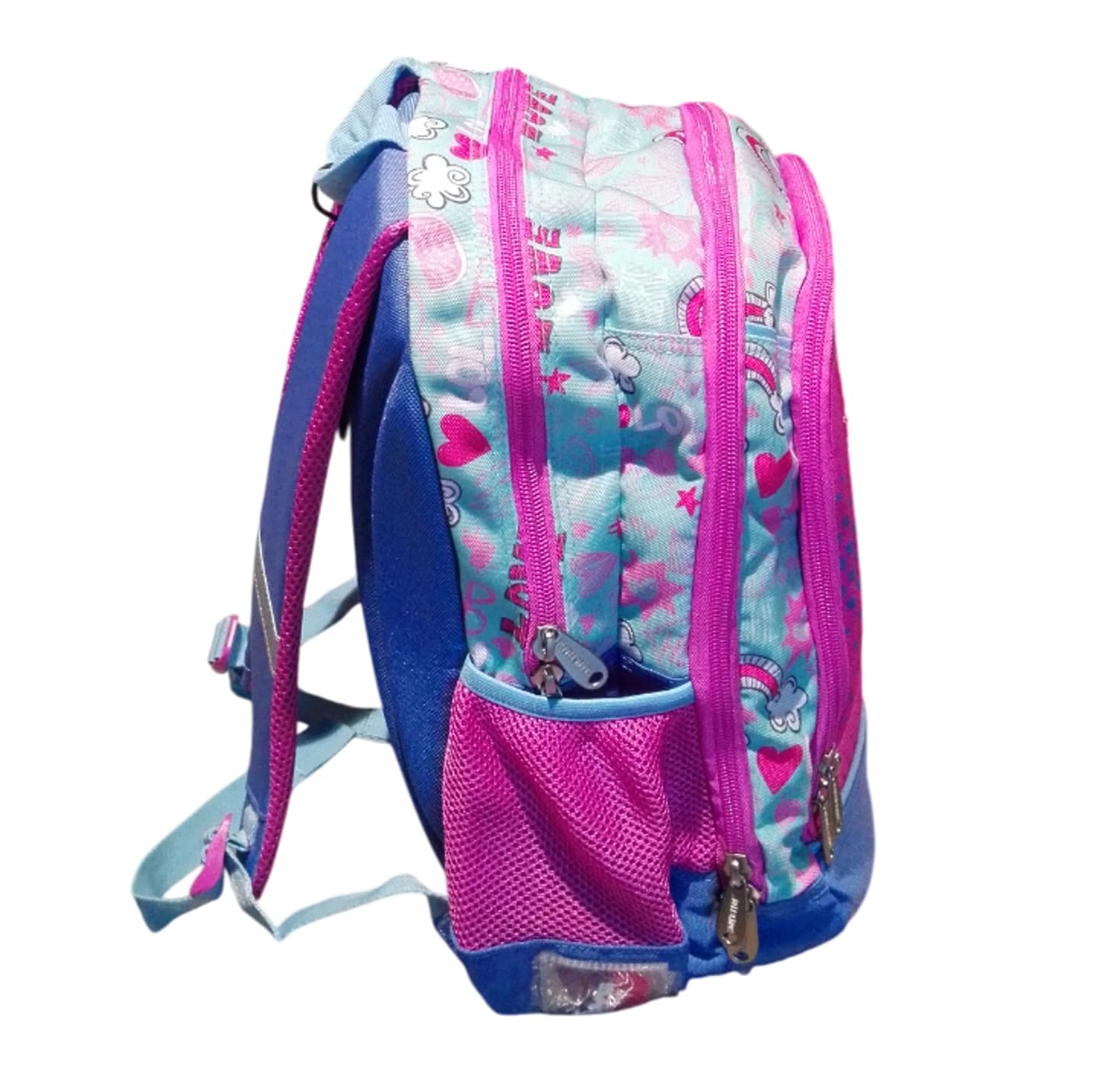 PRESTIGE & DELUXE Runder Schulrucksack Pool Over Super Girl Heart Herz rosa mit Glitzerlichtern für Mädchen Grundschule – 3 Reißverschlussfächer + 7 löschbare Stifte und Schlüsselanhänger mit