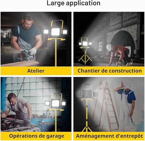 Viugreum Projecteur Led Chantier 100w avec Trépied et Prise Luminaire Exterieur à Trois Têtes Avec 3M Câble IP65 Étanchéité Blanc Froid 6500K Portable Lampe Chantier pour Atelier Garage Construction - 7