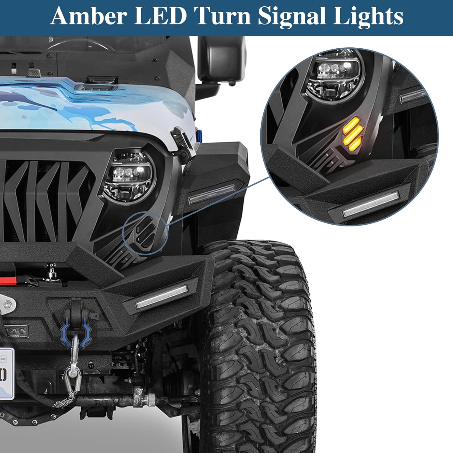 Hooke Road JL/JT Front Grill Cover Shark Grille Guard for Jeep Wrangler JL JLU & Gladiator JT 2018-2026 (Amber Signal Lights Included)