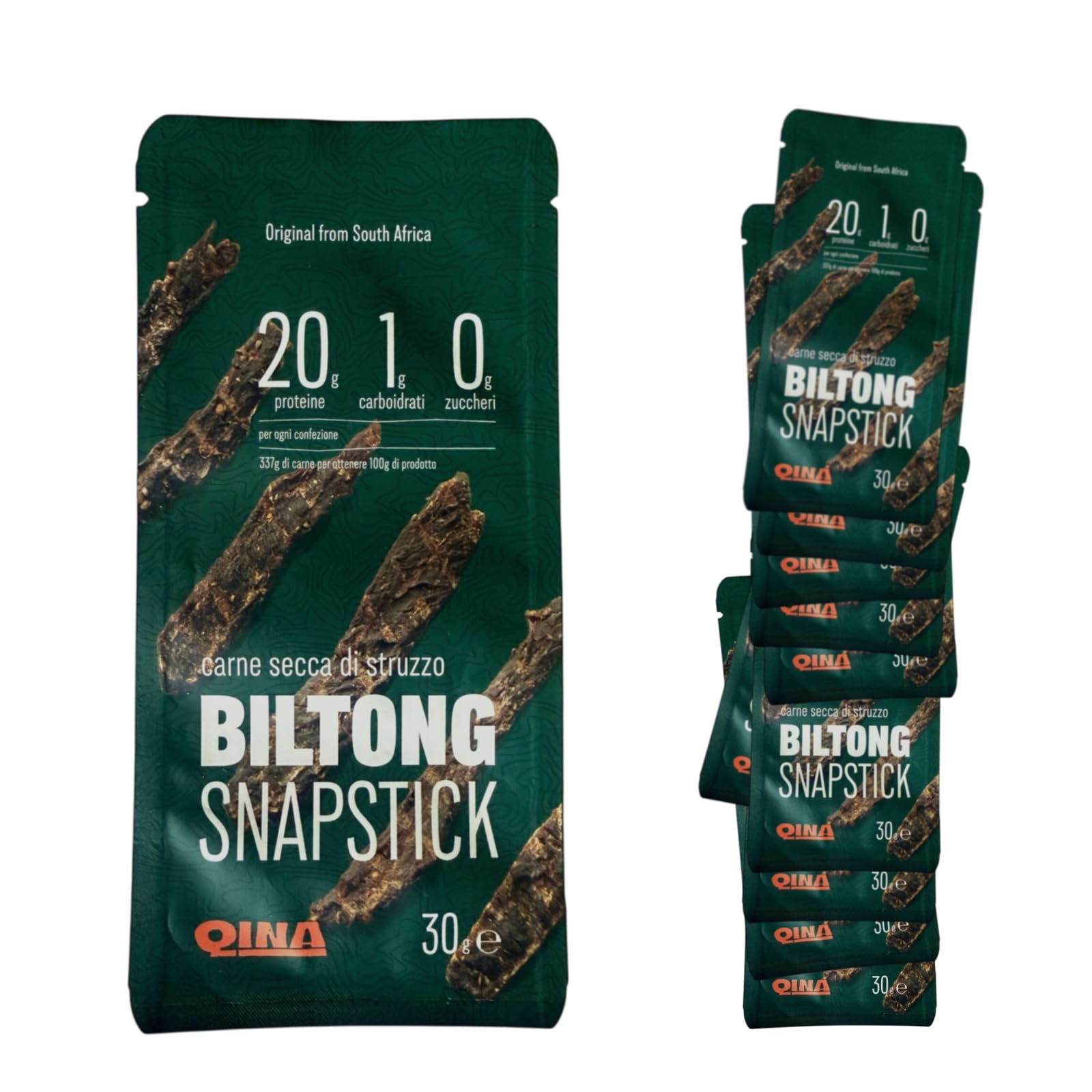 Qina Biltong - Ostrich Snapstick Biltong (30g x 10), carne secca di struzzo a strisce, alto contenuto proteico, basso contenuto di grassi.