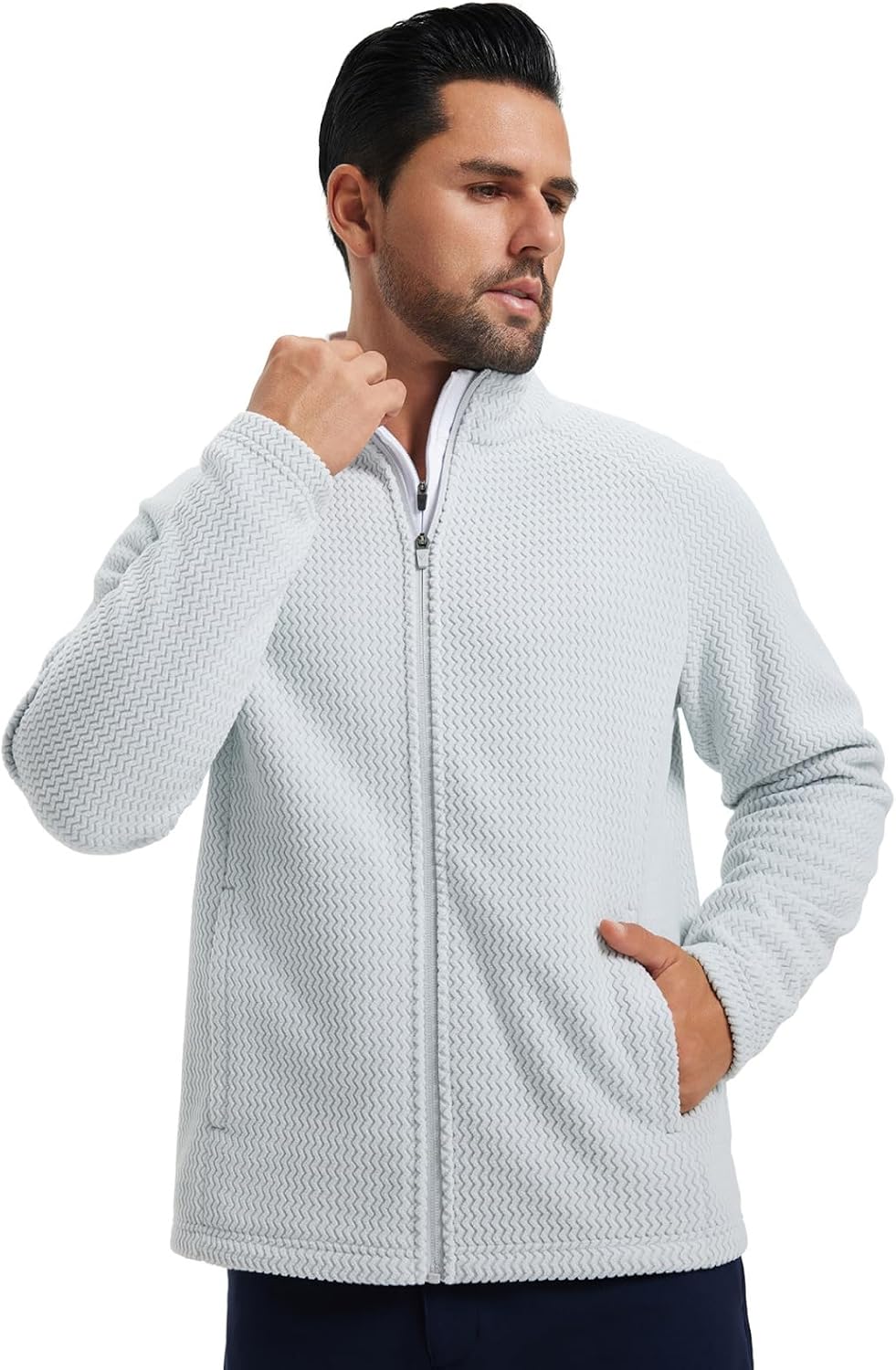 M MAELREG Winter Fleece Jackets for Men Lightweight Stand Collar Fashion Wave Texture Warm Full Zip Mens Coat with Pockets - Image 2