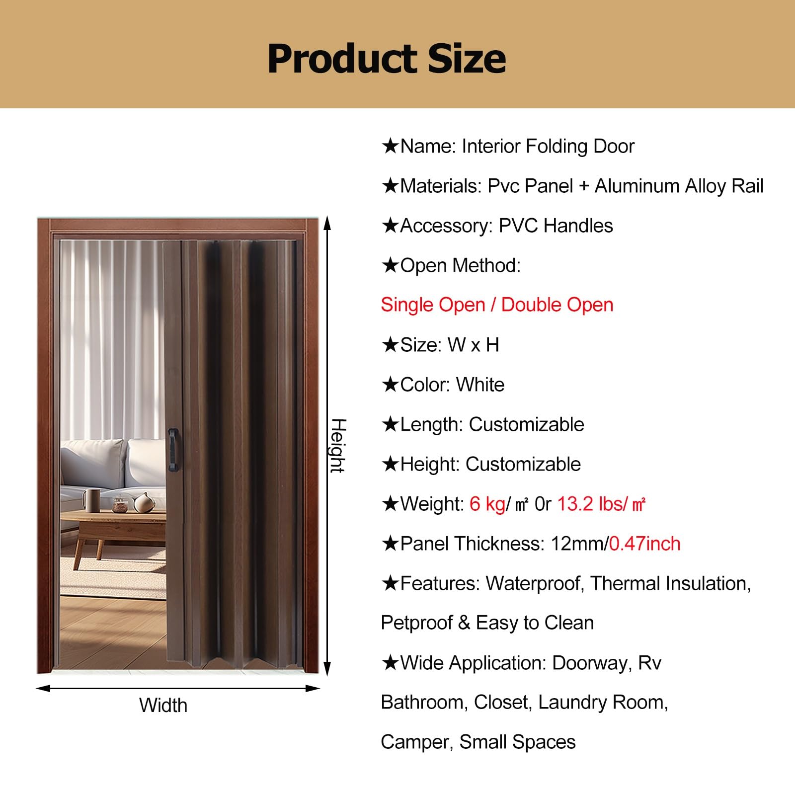 Porta pieghevole per interni dell'armadio, fisarmonica multipla in PVC marrone con vetro acrilico e accessori di installazione, per ufficio, hotel, ristorante, cucina (99 x 203 cm)