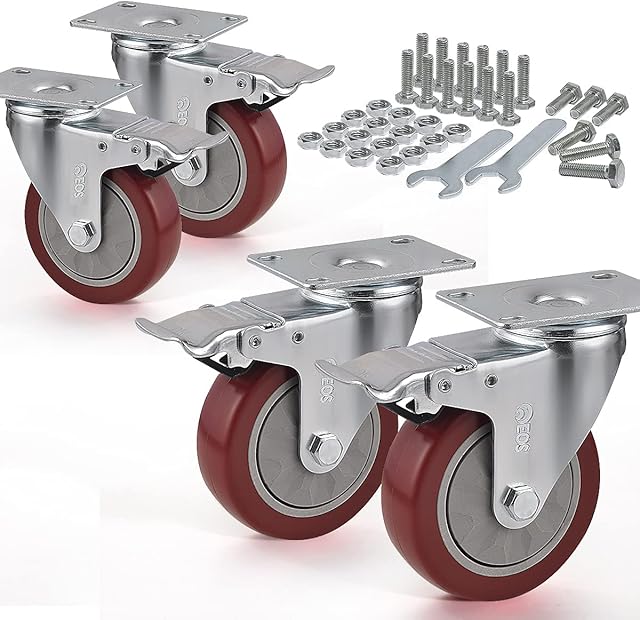 FOSLAP Heavy Duty Castor Wheels 600 KG 100 mm with Wrench and Bolt Screws - PU Rubber Swivel Wheels for Moving Furniture and Trolley (Red All 4 with Brakes)