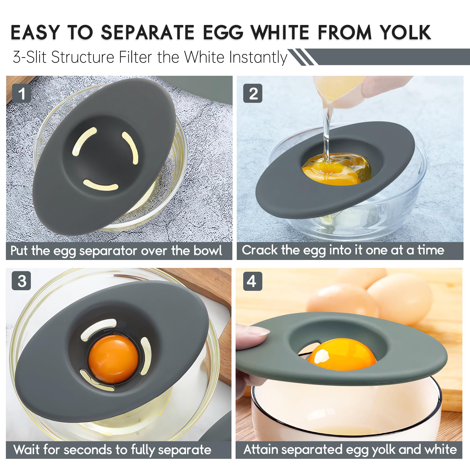 Juego de 2 separadores de huevos de silicona, separador de claras de huevo de 3 ranuras de Yolk