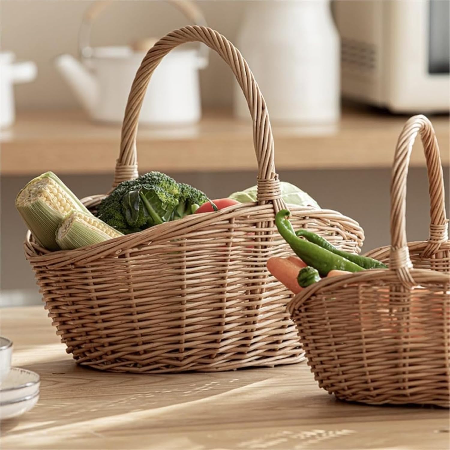Picnic Basket Handmade Wicker Baskets, Rattan Fruit Storage Baskets, Bamboo Baskets, Vegetable Baskets, Picnic Baskets Pinic Basket (A,25 * 19 * 21CM)