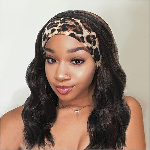nicene Black Mix Brown Headband Wigs for Black Women Short Mixed Brown Wavy Natural Hairline Bob Shoulder Length Synthetic Curly Daily Glueness Wigs(14inch 1B/30