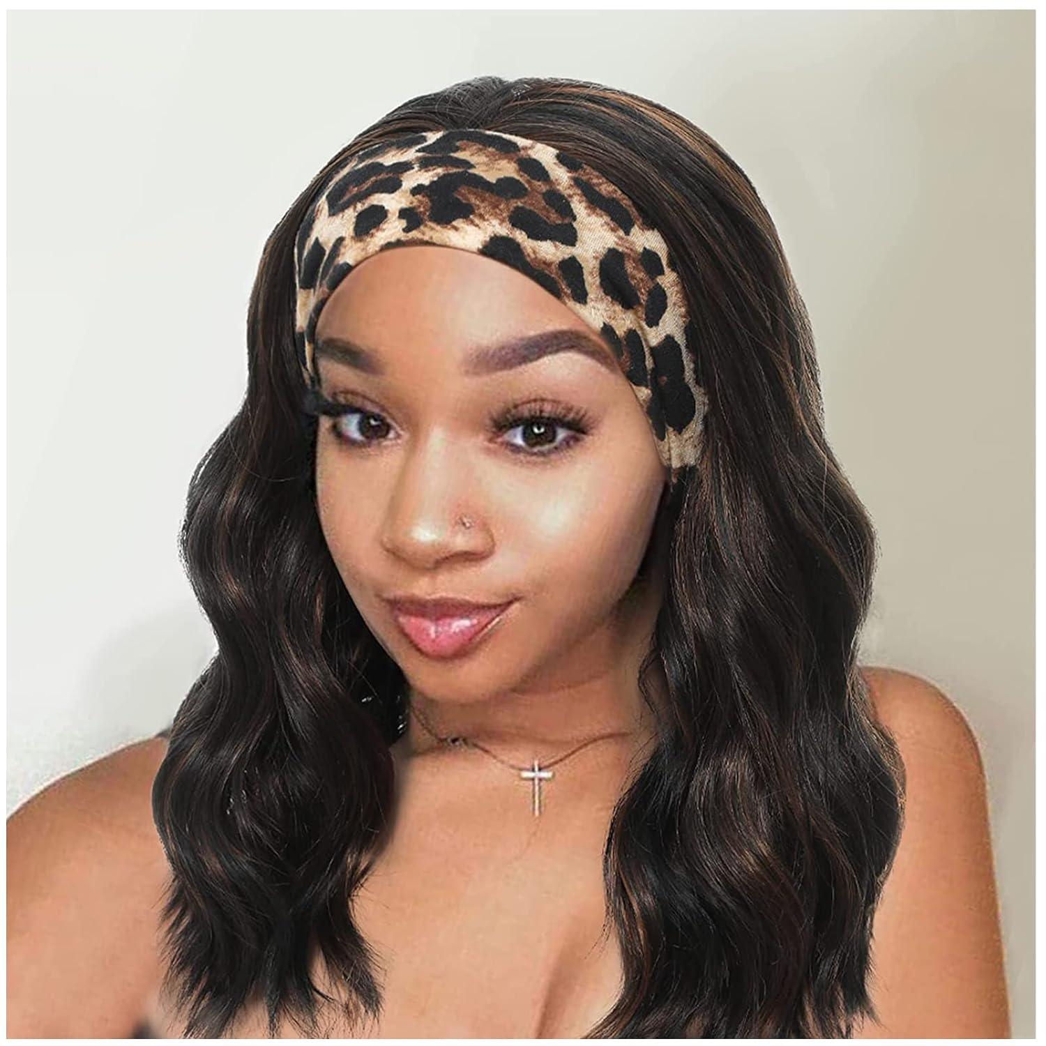 nicene Black Mix Brown Headband Wigs for Black Women Short Mixed Brown Wavy Natural Hairline Bob Shoulder Length Synthetic Curly Daily Glueness Wigs（14inch 1B/30