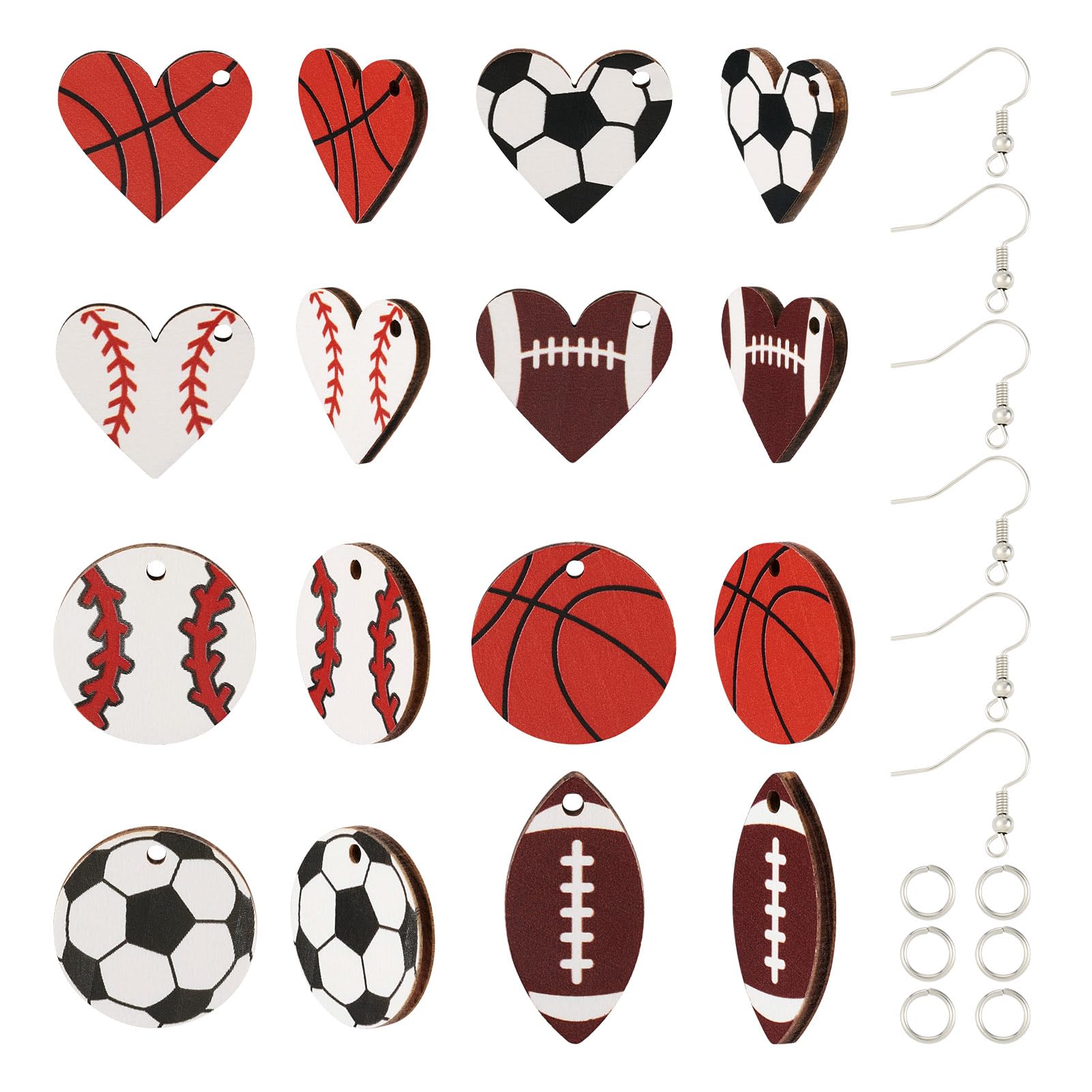 FASHEWELRY Sport Theme Wood Earring Making Kit - 16pcs Heart Round Dangle Earring Charms - Basketball, Football - Jewelry Making Kit for Adults & Teens