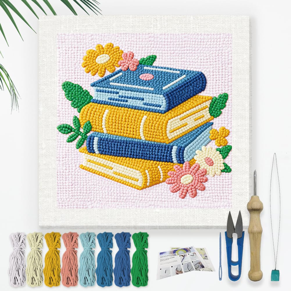 Doodlream Books and Floral DIY Punch Needle Embroidery Kit for Adult Beginner, 24cm Stacked Books Flowers Punch Stitching Craft Set for Starter with Frame, Fabric Pattern, Threader, Yarn, Punch Needle — image 1