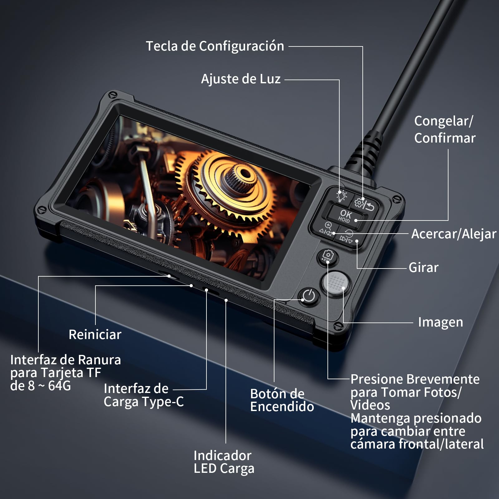 Camara Endoscopica Doble Lente con Pantalla y Luz, Ennovor 1920P HD Camara Inspeccion Tuberias, 5" Pantalla IPS y 8 Leds Ajustables, No App No WiFi Endoscopio Cable Semi-Rígido (16,5 FT/5M)