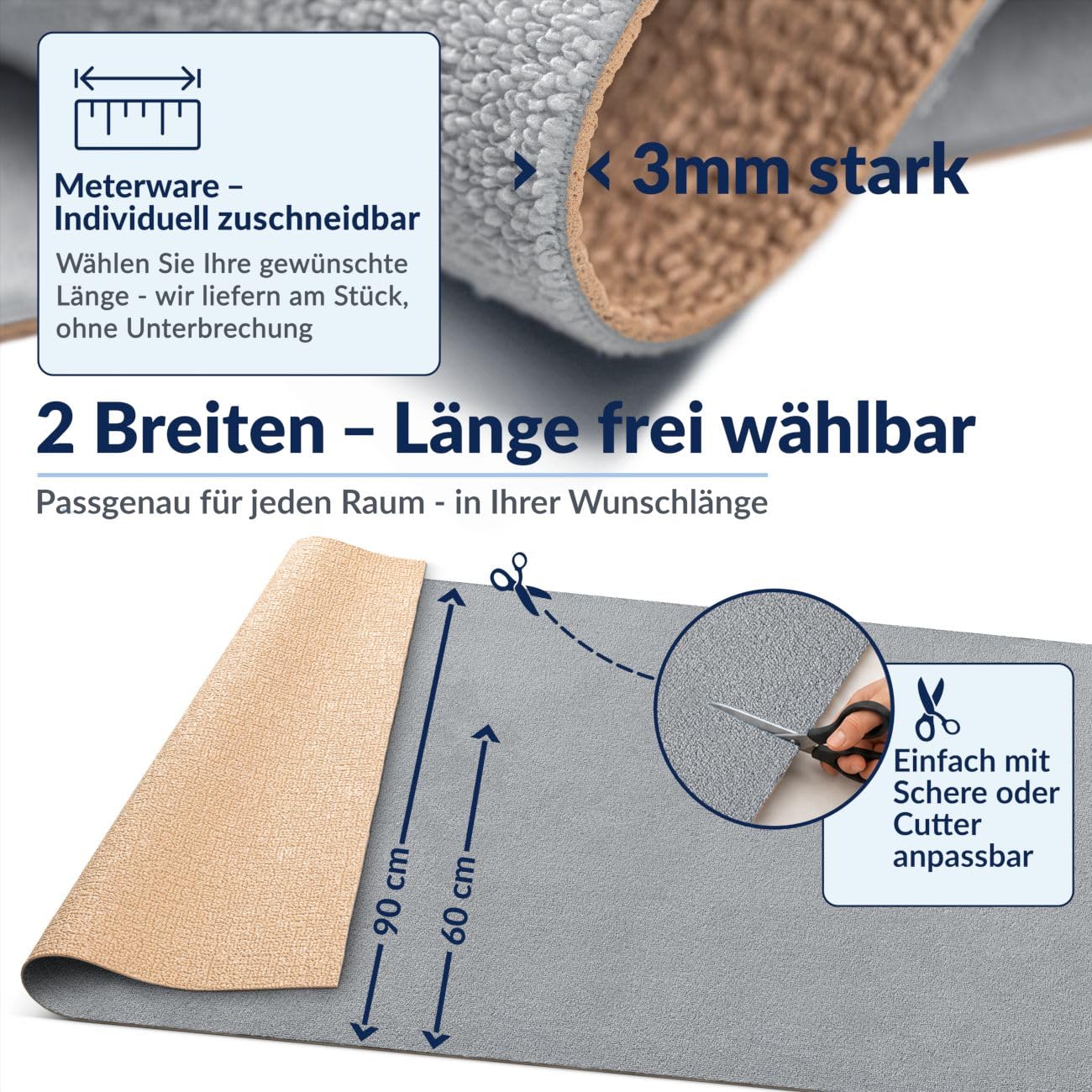 ANRO Badezimmerteppich Badematte rutschfest Badteppich Badvorleger wasserdicht Teppich Bad Mikrofaser flauschig Hellgrau [Größe] Grau 90 x 280 cm