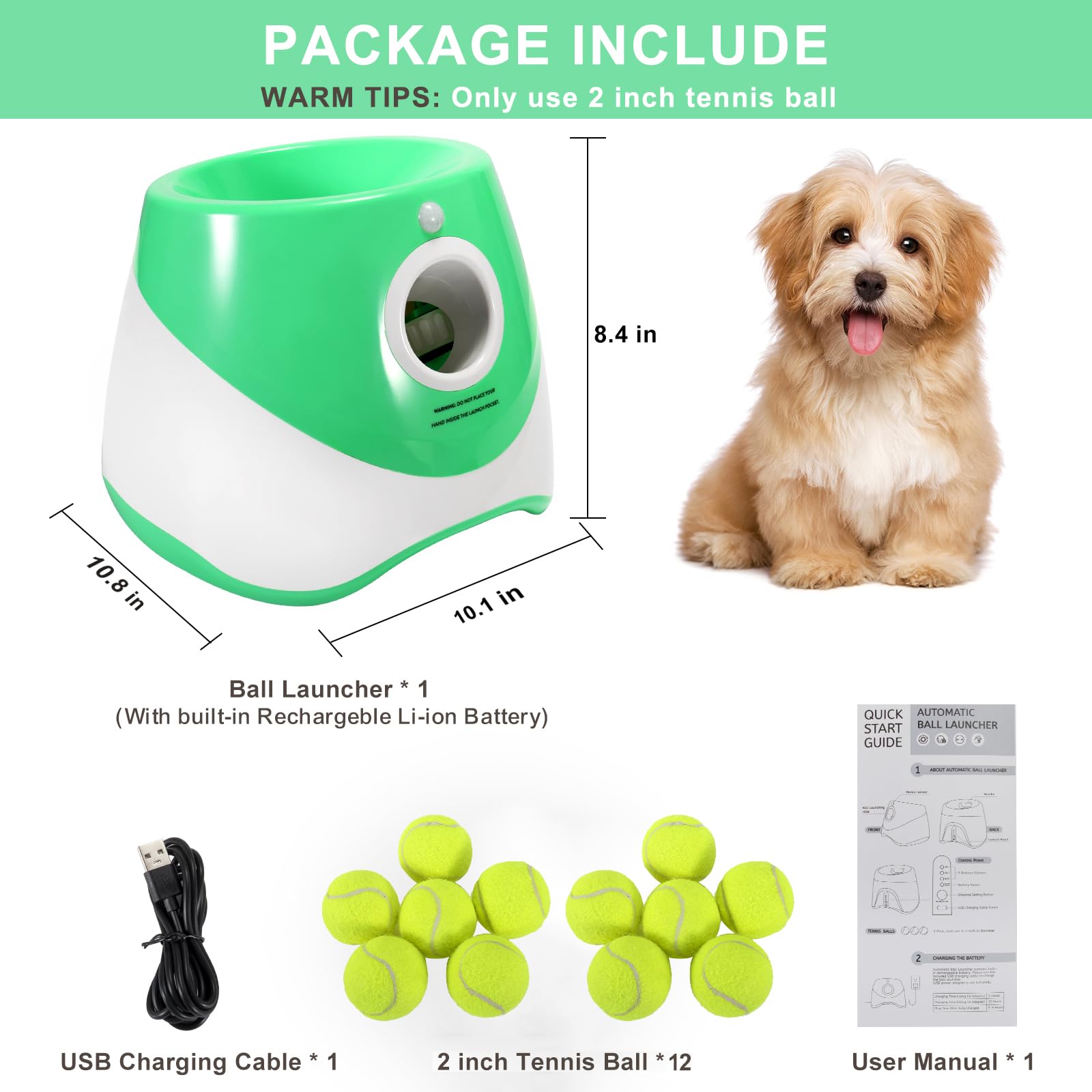 Lanzador de pelotas para perros con 12 pelotas de tenis, lanzador automático de pelotas de perro para interiores y exteriores, 3 distancias ajustables de 10 a 30 pies, máquina interactiva de