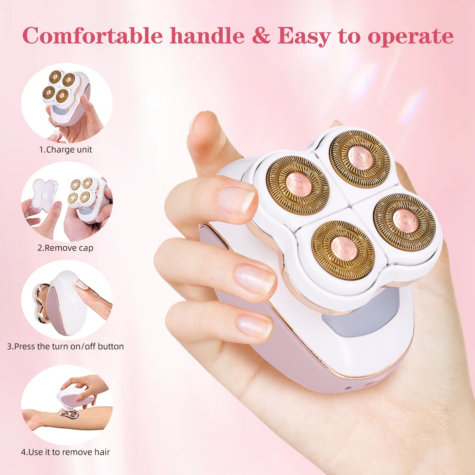 CeqCin Electric Razor for Women,Wet/Dry Rotary Electric Shaver for Women Leg,Rechargeable Hair Removal Device Epilator,Electric Hair Trimmer for Sensitive Skin,Bikini,Arms, Pink