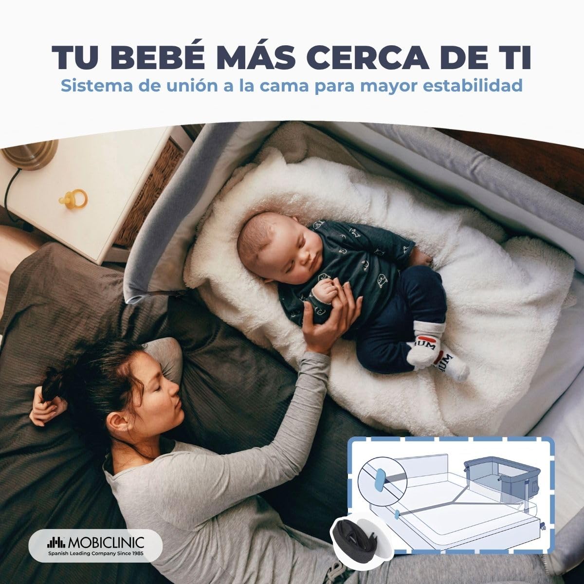 Mobiclinic®, Cuna colecho, 2 en 1, Moon, Sistema de Unión a la Cama, Regulable 5 Alturas, Bolsa Transporte, Incluye Ruedas, Malla Transpirable, Base Acolchada