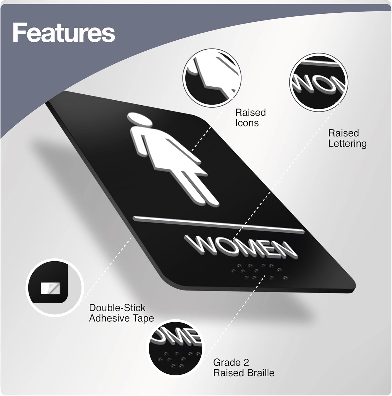 ADA Braille Men and Women Restroom Signs for Business with Double Sided 3M Strong Tape (Pack of 2) - ABS Plastic Bathroom Sign 9” x 6” for Offices and Restaurants