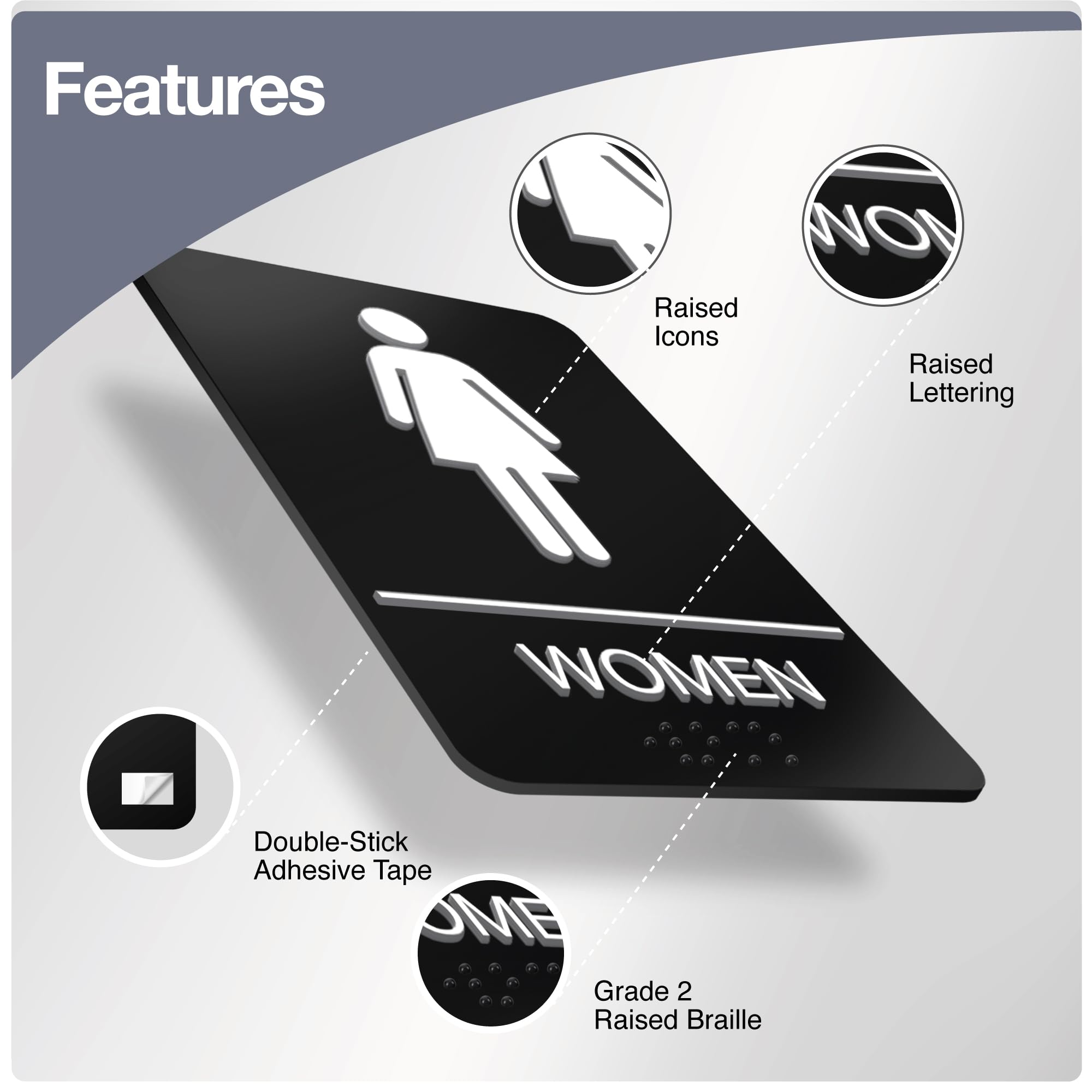 ADA Braille - Letrero de baño para hombres y mujeres para negocios, 9 x 6 pulgadas, paquete de 4, letrero de baño de plástico ABS con cinta fuerte de doble cara para oficinas y restaurantes