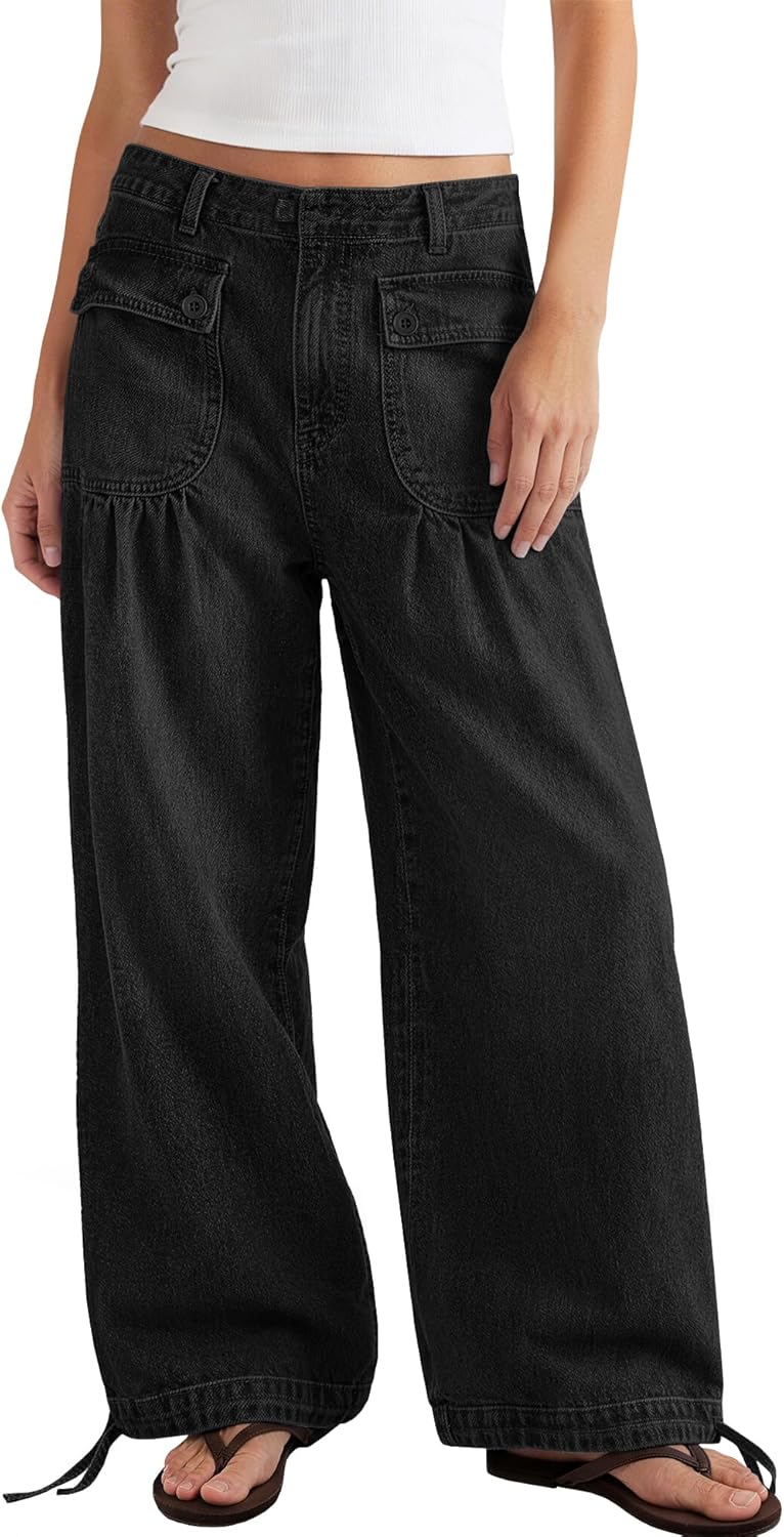 Yanekop Womens High Waisted Balloon Pants Stretchy Baggy Jeans Wide Leg Jeans Trendy Summer Denim Pants with Pockets